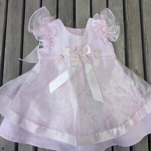 Pink Linen Satin Ribbon Organza  Overskirt & Sash Pinafore Dress 3-6 Mo
